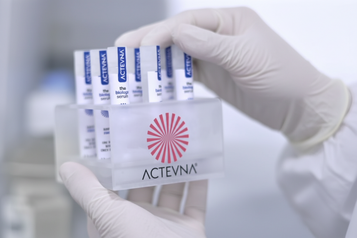 A close-up of gloved hands holding a clear acrylic display block containing several Actevna vials, with the Actevna logo prominently printed on the front.